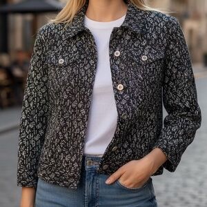 NWT Chico's BLACK WHITE SCRIBBLE DUNLAY 3/4 PATTERN JACKET Medium BUTTON FRONT